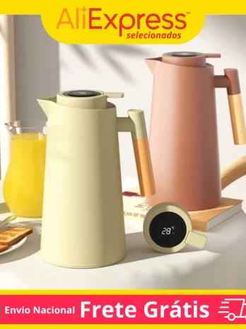 Thermal Bottle Digital Thermometer 1L Coffee Tea Inox Double Wall Temperature Pickles Elegant Modern Wood Office Cable